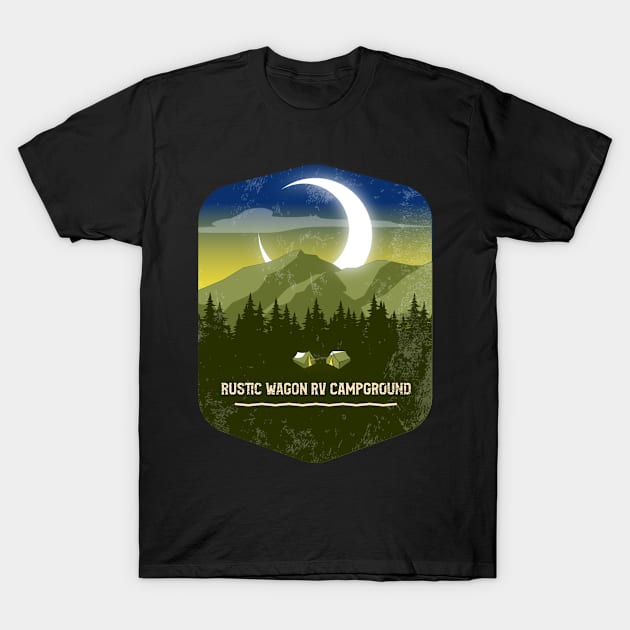 Rustic Wagon RV Campground Campground Campground Camping Hiking and Backpacking through National Parks, Lakes, Campfires and Outdoors of California T-Shirt by AbsurdStore